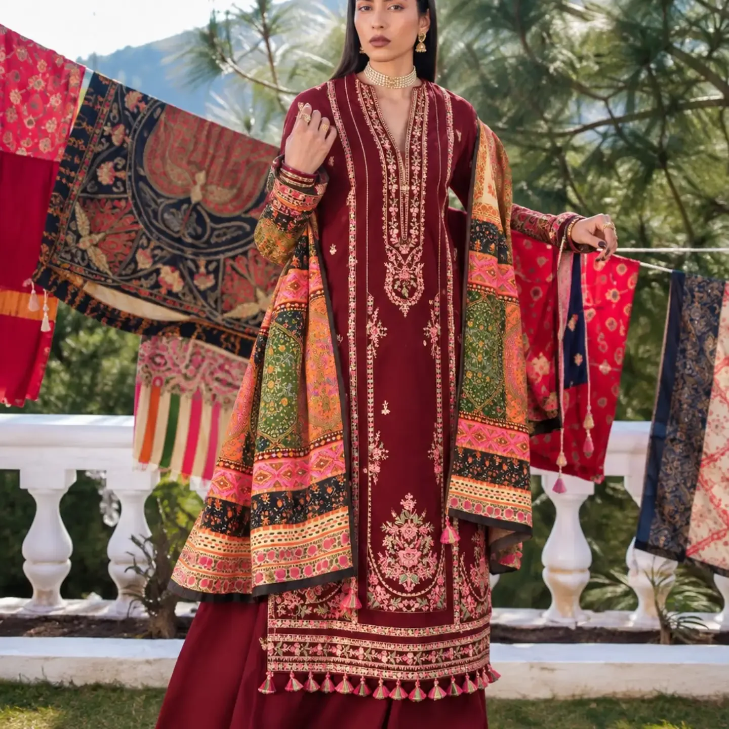 Maroon Embroidered Festive Suit with Shawl