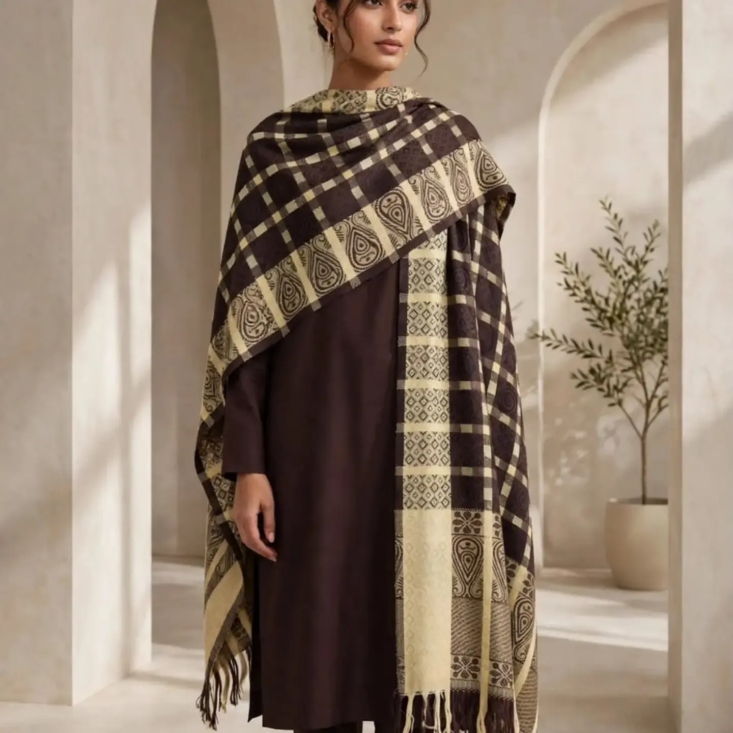 Chocolate Brown 2-Piece Linen Suit with Wool Shawl