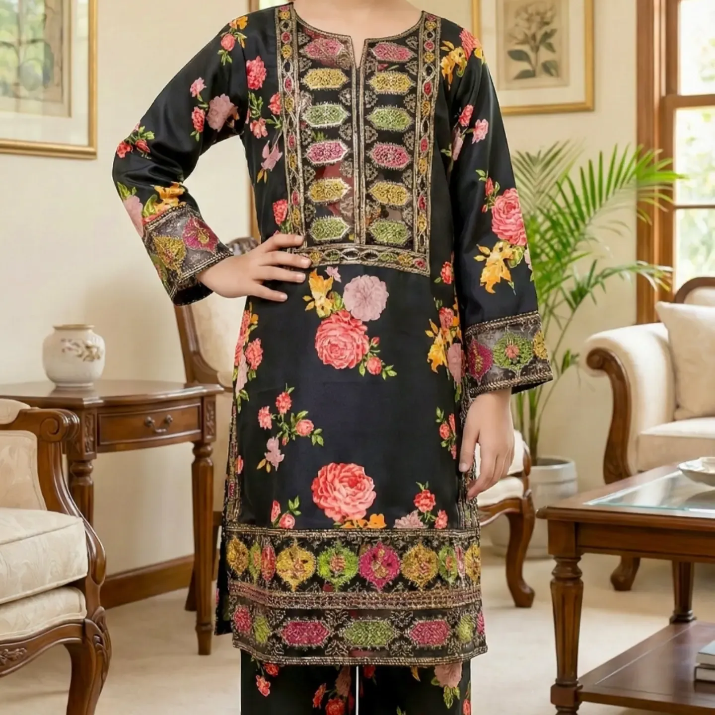 Black Floral Embroidered Formal 2-Piece Suit