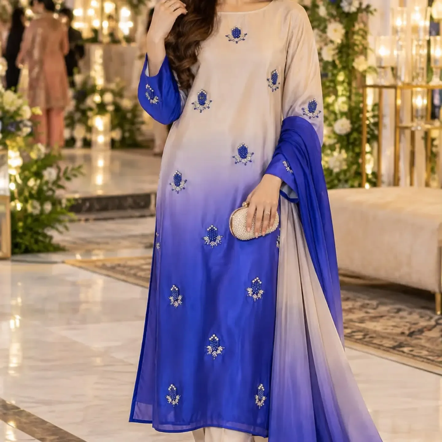 Ombre Raw Silk Party Suit with Crystal Clutch