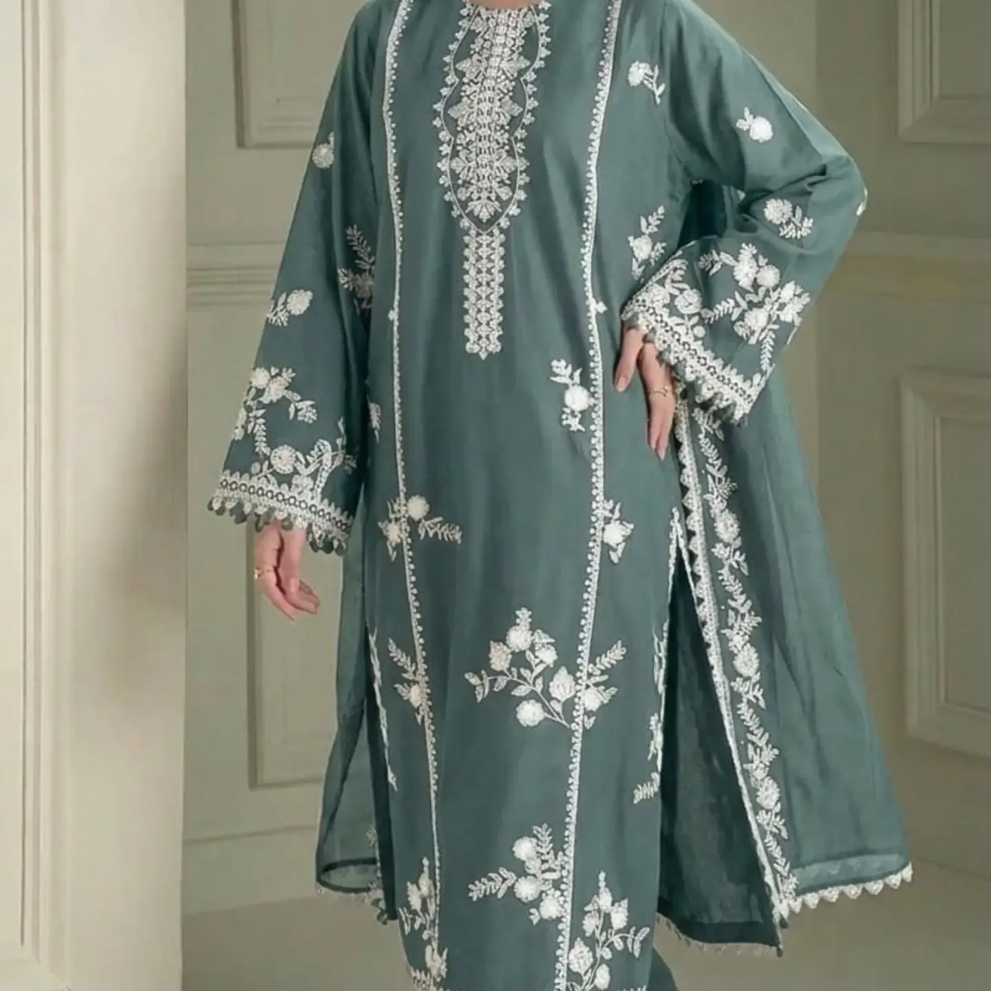 Sage Teal Organza & Lawn Festive Suit