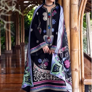 Tribal Kashmiri Embroidered Black Suit with Shawl